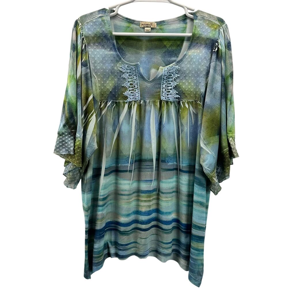 One World Blouse Green Popover Short Sleeve Y2K Large Boho Resortwear